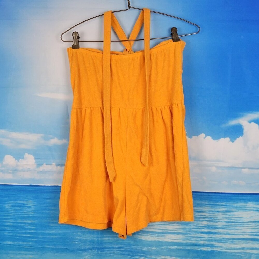 WILD FABLE Woman's ORANGE Terry Cloth Romper Shorts HALTER Straps size Sm - Picture 2 of 5